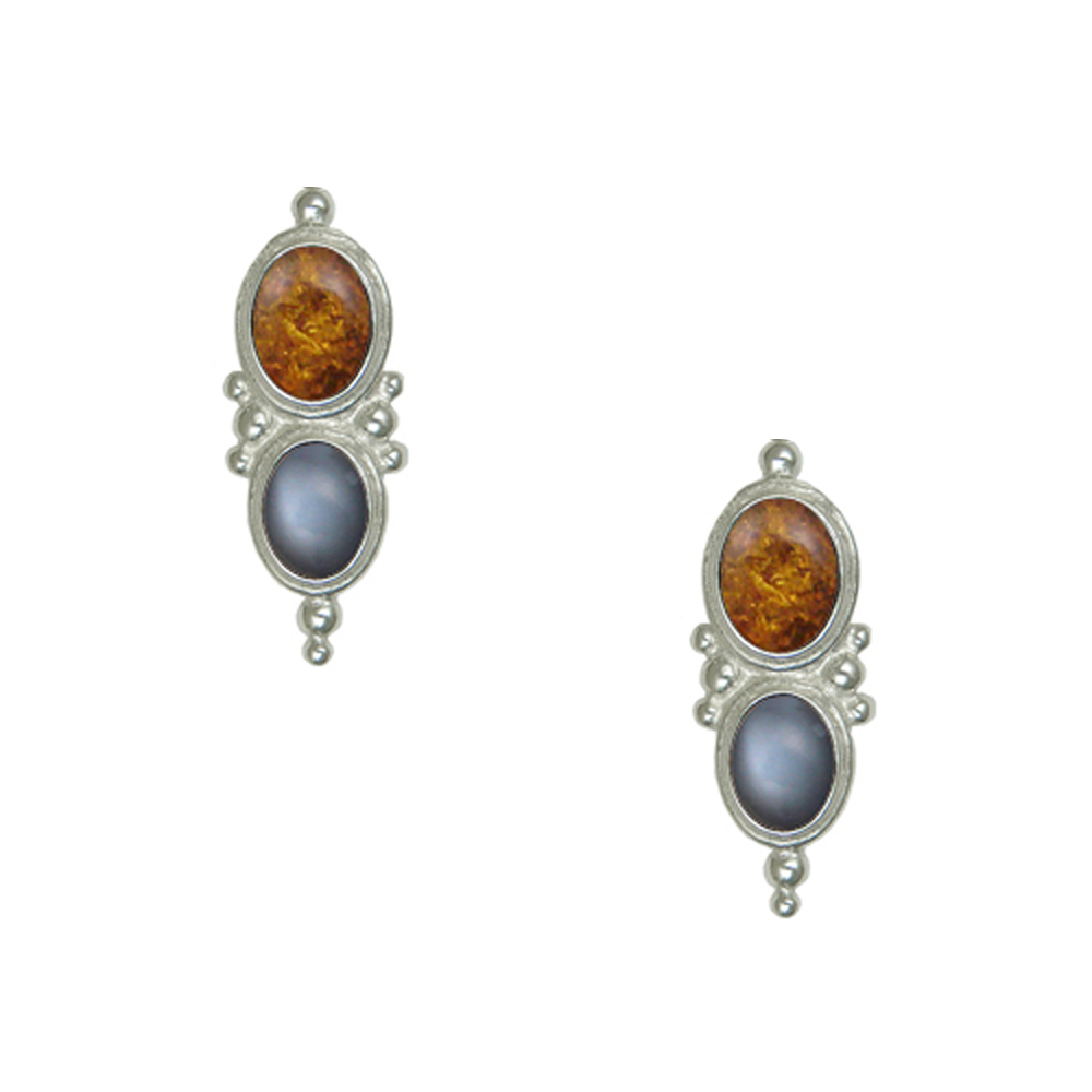 Sterling Silver Drop Dangle Earrings Amber And Grey Moonstone